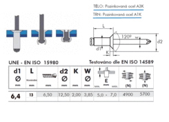 Nýt trh. 6.4x13mm ocel zápust.hl.