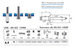 Nit płaski łeb 6.4x16mm, Zn