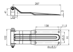 Rear hinge 287mm stainless, weld-on